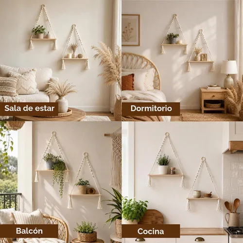 Vista 4 de Artilady Paquete de 2 estantes de madera para colgar en la pared, estantes flotantes bohemios, estante de plantas de macramé blanco, estante
