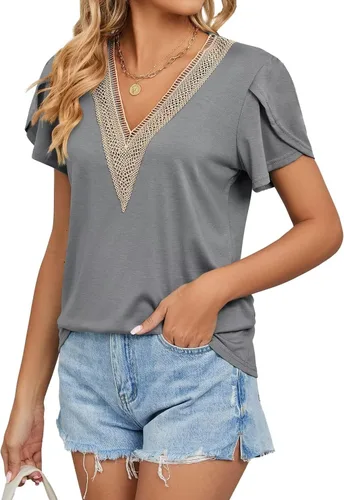 Vista 4 de WELINCO Camisetas básicas de verano para mujer, cuello en V, manga de pétalo, estilo casual