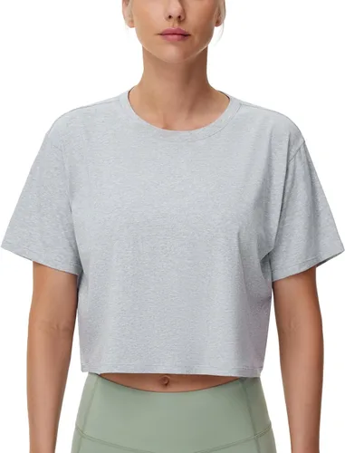 Vista 18 de THE GYM PEOPLE - Camiseta de entrenamiento para mujer, manga corta, básica, recortada, deportiva, de yoga, para correr, estilo boxy Verde militar