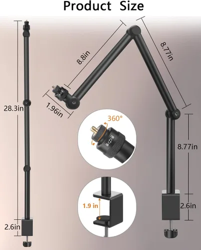 Vista 3 de HEMMOTOP Magic Arm Soporte de escritorio/abrazadera, brazo de cámara ajustable de 28 pulgadas para iPad, soporte de iPhone superior, para micrófono