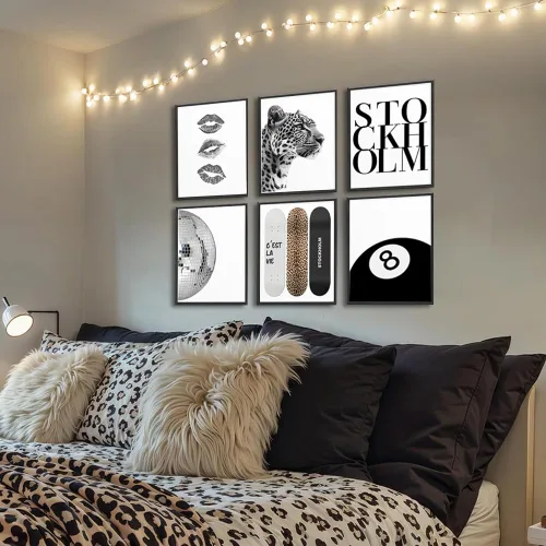 Vista 5 de 6 pósteres de lienzo blanco y negro para pared, diseño de bola de discoteca de guepardo de la suerte de 8 bolas, diseño de leopardo funky