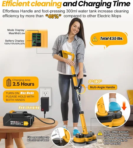 Vista 5 de qimedo Trapeador Eléctrico M1 con Batería de 6000mAh, Fregadora Eléctrica Inalámbrica de 800RPM y Trapeadores para Limpieza de Pisos, Los Mejores