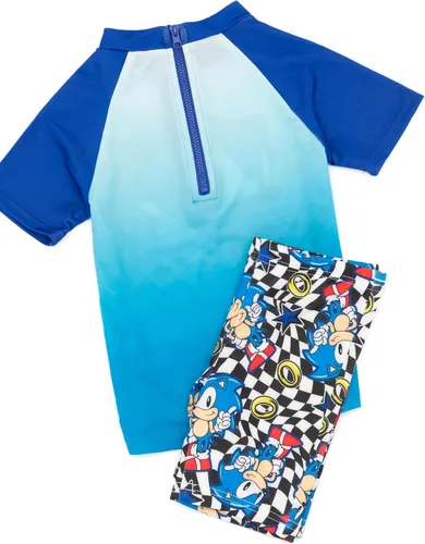 Vista 6 de Sonic The Hedgehog Boys Swimsuit Set Kids Blue 2 Piece T-Shirt & Swim Shorts Racing Checkers & Rings Swimming Costume