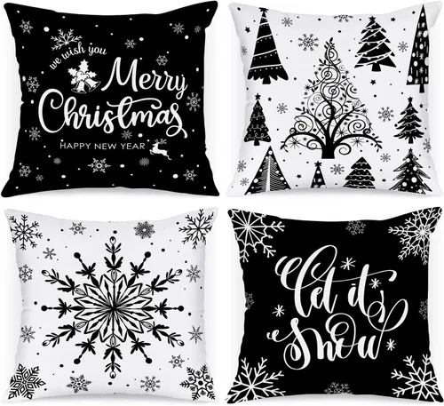 Vista 7 de Lanpn Fundas de Cojín Lumbar Navideñas de 12x20, 4 piezas, Blanco y Negro Feliz Navidad Xmas Invierno Copo de Nieve Fundas de Almohada de Cojín
