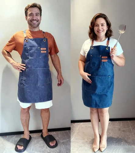 Vista 7 de Chef Aprons with Large Pockets for Women Men, Cotton Canvas Cross Back Water Repellent Work Apron with Adjustable Straps for Size M-XXL (Blue+Brown)