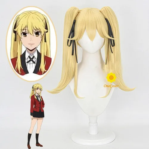 Vista 2 de SYIBOO Anime Kakegurui Meari Saotome Cosplay Long Yellow Wigs with Hair Band Silk Ribbon Heat-resistant Fiber Hair + Wig Cap Party