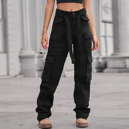Vista 3 de Pantalones cargo vintage para mujer, pantalones de mezclilla holgados de moda de los años 90, bolsillos de pierna ancha, cintura alta, pantalones