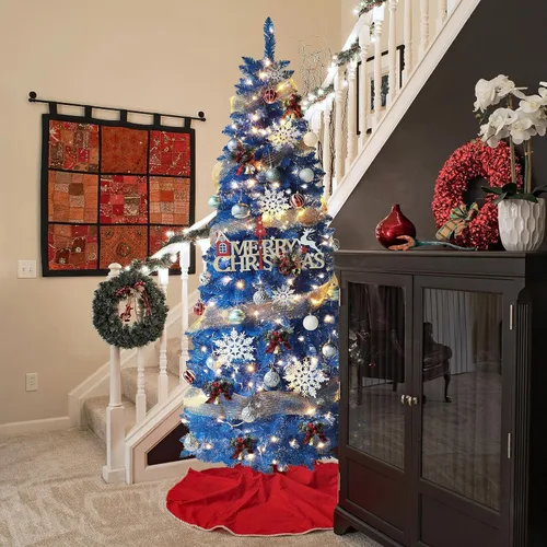 Vista 9 de MUPATER Árbol de Navidad artificial de 6 pies en forma de lápiz, con soporte de metal, luces blancas cálidas, árbol de Navidad delgado preiluminado