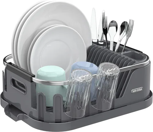 Vista 8 de MR.SIGA - Escurridor de platos para encimera de cocina, escurridor compacto con tabla de escurrir, soporte para utensilios y portavasos, escurridor