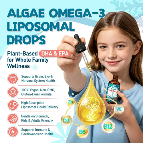 Vista 6 de Algas liposomales Omega 3, vegano EPA DHA para niños y mujeres, 2 onzas