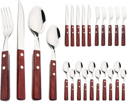 Vista 11 de Juego de cubiertos de madera de acero inoxidable 304 con mango ancho, juego de cubiertos de madera duradera, utensilios reutilizables, espejo