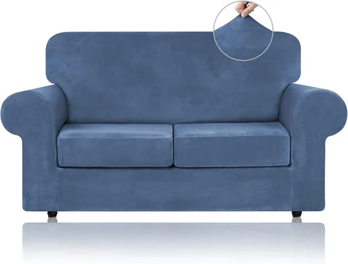 Vista 10 de WEERRW 4 Piezas Fundas de Terciopelo de Alta Elasticidad para Sofá de 3 Cojines Fundas de Sofá, Protector de Muebles Lavable con Parte Inferior