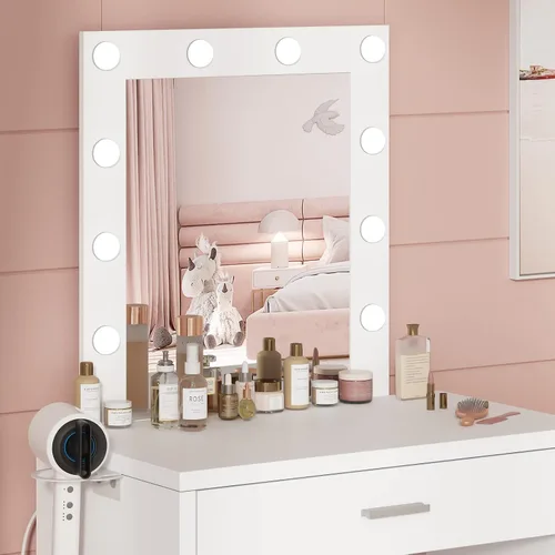 Vista 3 de Titoni Pequeño tocador de maquillaje con espejo y luces, escritorio blanco con silla, brillo ajustable, juego de mesa de maquillaje para dormitorio