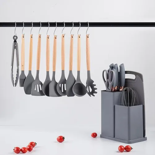 Vista 4 de Cuchillo de cocina de silicona con mango de madera, cuchillo de cocina de 19 piezas, cuchillo de cocina de siete colores, antiadherente, cuchara