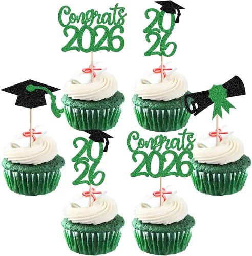 Vista 52 de 30 piezas de decoración para cupcakes de graduación para la clase de 2026 con purpurina brillante para el futuro diploma hecho 2026 Felicidades