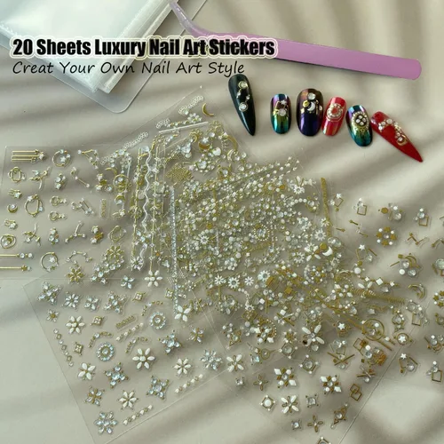 Vista 3 de 20 hojas de calcomanías de uñas 3D, diseño de oro/diamante, lujosas calcomanías de uñas autoadhesivas con relieve, calcomanías de uñas de flores