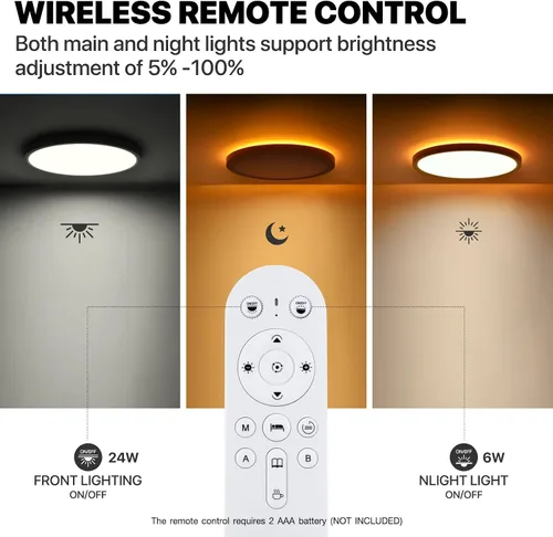 Vista 5 de Lámpara de techo LED regulable con control remoto, 24 W, 2640 lúmenes, 12 pulgadas, luz nocturna cálida de 2000 K y 3000 K-6500 K, moderna lámpara