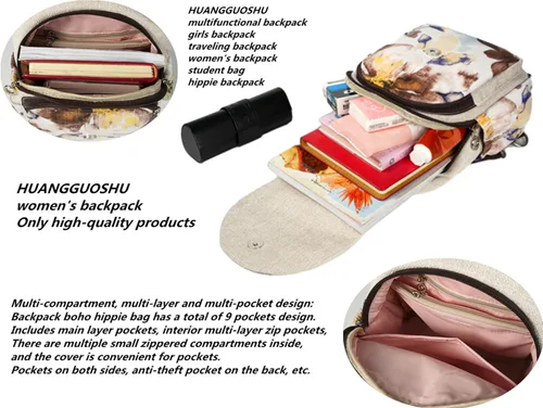 Vista 69 de HUANGGUOSHU Mochila de algodón tejida de algodón bohemio con bordado de lona estilo bohemio con múltiples bolsillos retro linda mochila cartera