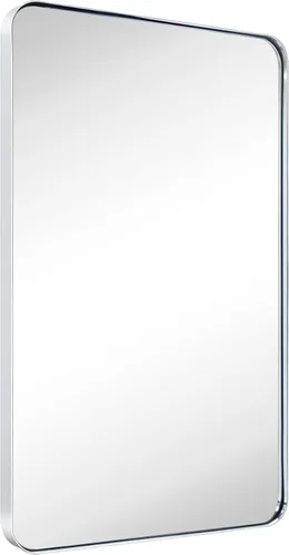 Vista 9 de TEHOME Espejo de baño rectangular redondeado de níquel cepillado de 20 x 30 pulgadas, color plateado cepillado de 30 x 20 pulgadas, espejo