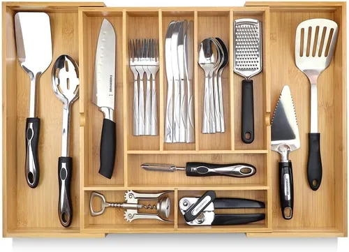 Vista 17 de Pristine Bamboo bandeja organizadora de cubiertos – Utensilios de mesa, cubiertos, soporte de cubiertos para cajón – Organizador de cajón de madera