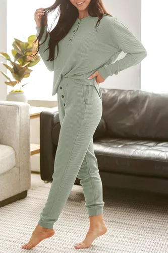 Vista 3 de PRETTYGARDEN Conjunto de 2 piezas para mujer, de punto gofre, camiseta Henley de manga larga y pantalones deportivos