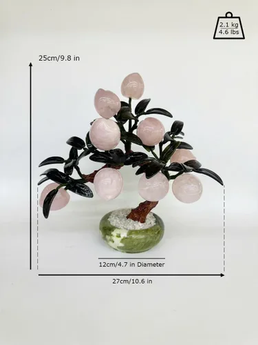 Vista 2 de Árbol de melocotón de cristal de cuarzo rosa natural Feng Shui, bonsái Feng Shui árbol de dinero para energía positiva, suerte y riqueza, alrededor