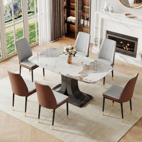 Vista 10 de Juego de mesa de comedor moderno para 6, juego de mesa de cocina y sillas de mármol para 6, mesa de cocina rectangular con 6 sillas tapizadas