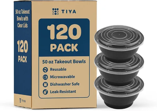 Vista 8 de TIYA Tazones para comida a granel de 36 onzas, paquete de 120 unidades con tapas, recipientes de plástico negro para llevar, reutilizables, aptos