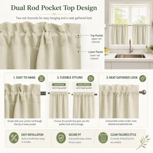 Vista 4 de Aquazolax Half Window Curtains 24 Inch Length, 28" Wide Rod Pocket Small Window Treatment for Kitchen, Bathroom, Camper, Beige, 2 Panels Set
