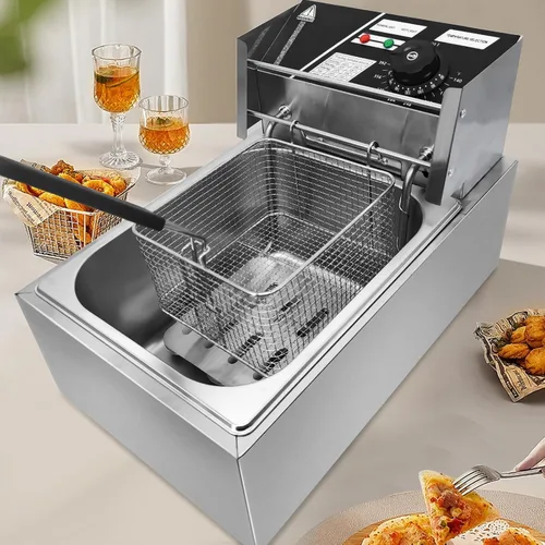 Vista 6 de Freidora eléctrica comercial EVGTTI, freidora eléctrica de 11.4QT con cesta Freidora de acero inoxidable de 2500 W con tapa, ajustable