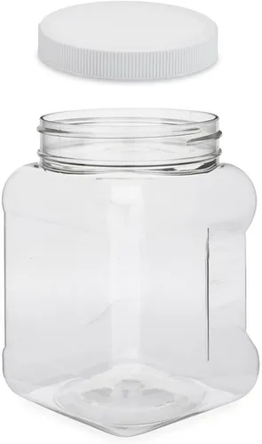 Vista 2 de Tarros de plástico de 32 onzas con mango cuadrado (paquete de 4) recipientes de plástico PET transparente con tapas blancas acanaladas