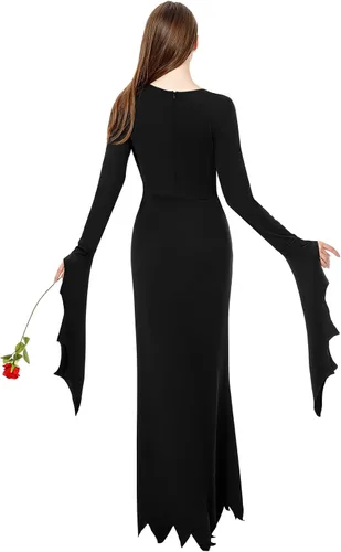Vista 4 de Joy Bang Morticia Addams Disfraz para mujer, vestido de bruja gótica de Halloween, manga larga, largo hasta el suelo, vestido largo sexy