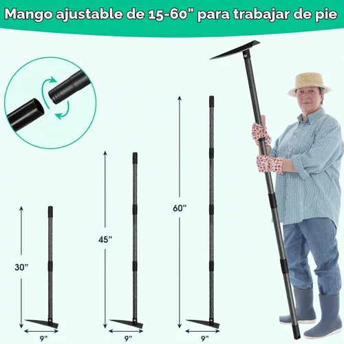 Vista 5 de Azada de jardín, azadas de zanjeo resistentes con mango largo de 60 pulgadas, azada triangular de borde afilado, herramientas de jardín