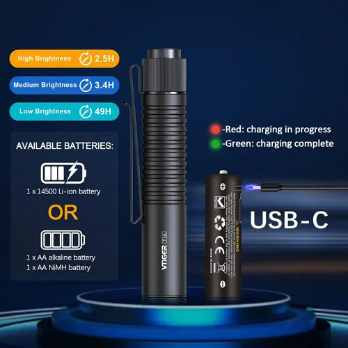 Vista 6 de VTIGER T1A Mini Linterna EDC de Bolsillo con Clip, 1300 Lúmenes Linterna Compacta AA Recargable LED Pequeña, Interruptor de Cola Súper Brillante