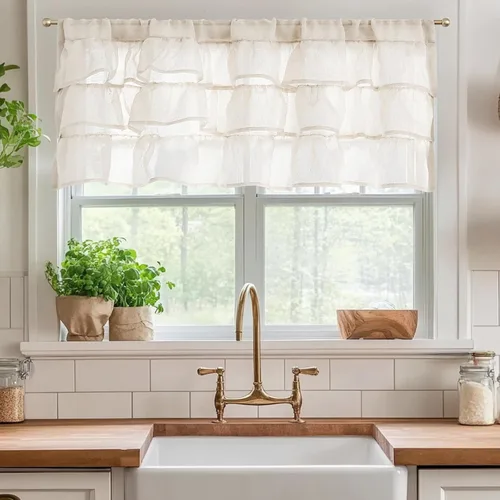 Vista 2 de Jinchan - Cenefa con volantes para cocina, cenefa de lino arrugado y cruzado, estilo shabby chic de casa de campo y cabaña, para sala de estar