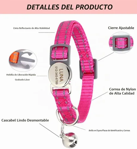 Vista 4 de Collar de gato reflectante personalizado con campana y hebilla separable, nombre grabado y número de teléfono