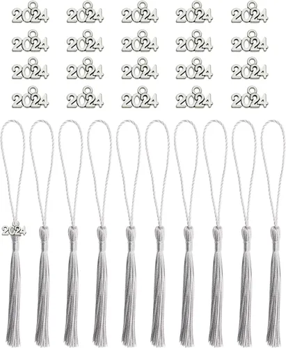 Vista 10 de Tupalizy 10 mini borlas sedosas hechas a mano con 20 dijes del año 2024 para graduación, llavero, aretes, joyería, regalos de boda, recuerdos, Negro