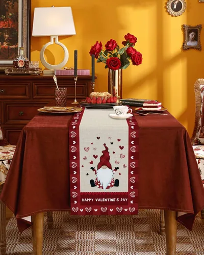 Vista 2 de Camino de mesa para decoración del día de San Valentín, diseño de gnomo, corazón, rojo, a cuadros, búfalo, algodón, lino, decoración de mesa