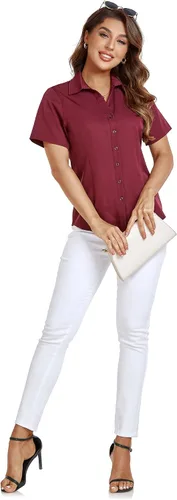 Vista 7 de Camisas de manga corta con botones para mujer, ajuste holgado, casual, formal, elástica, para verano