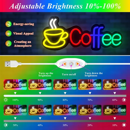 Vista 2 de Letreros de neón de café para decoración de pared, letrero de barra de café, regulable, alimentado por USB, luces de neón para cafetería, estación