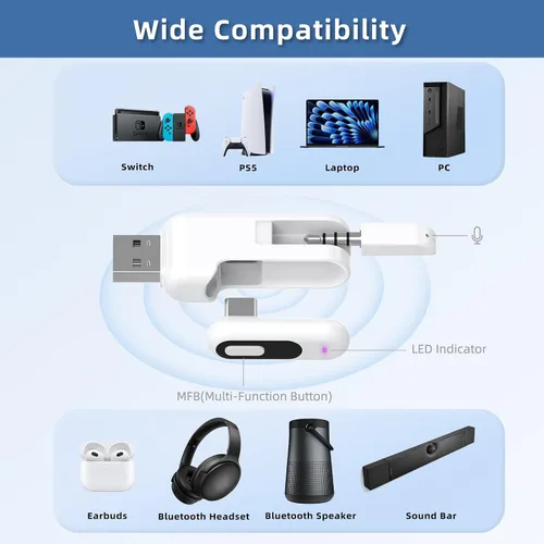 Vista 4 de Adaptador de audio Bluetooth USB-C para PS5, aptX Adaptive 2-in-1 USB-A Bluetooth Audio Adapter, Low Latency, Wireless Audio Transmitter to