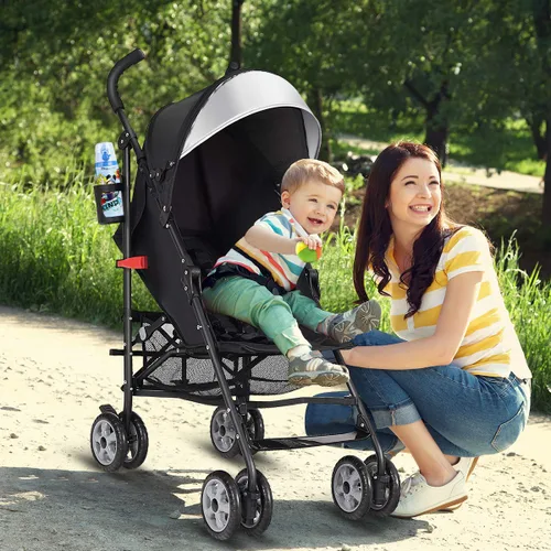 Vista 2 de BABY JOY Cochecito ligero, cochecito de viaje compacto, cochecito de bebé con respaldo ajustable y toldo, soporte para tazas, cesta de Negro
