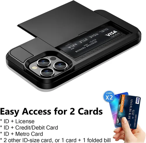 Vista 4 de Vofolen - Funda para iPhone 15 Pro con tarjetero, color negro Dual Layer Shockproof Wallet Phone Case, Hidden Card Slot Sliding Protective Hard