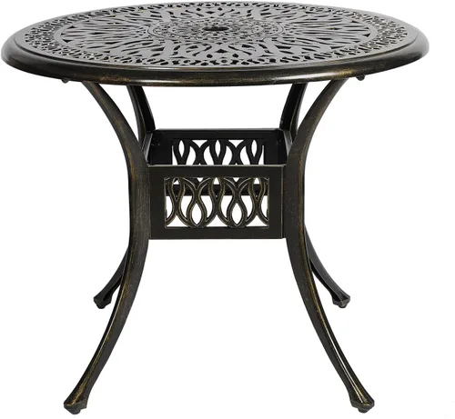 Vista 8 de VIVIJASON Mesa de patio de 30.5 pulgadas, mesa cuadrada de comedor al aire libre, mesa de comedor de aluminio fundido de bronce con agujero
