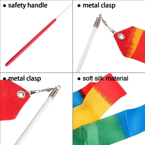 Vista 6 de Paquete de 4 cintas de baile de 6.6 ft, cintas de gimnasia rítmica con serpentinas de arco iris, varitas giratorias en palos para baile artístico