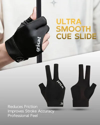 Vista 5 de CRICAL Guante de billar profesional para piscina, diseño de 3 dedos con licra gruesa y agarre antideslizante para hombres y mujeres, accesorios