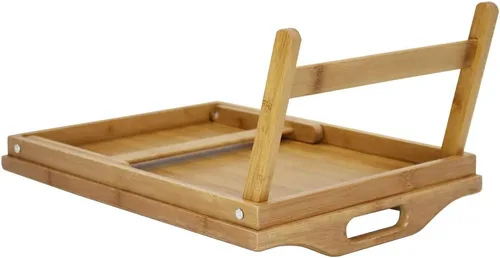 Vista 4 de KKTONER Bandeja de mesa de cama de bambú con patas plegables, bandeja de desayuno para cama con patas plegables para comer y portátil, bandejas