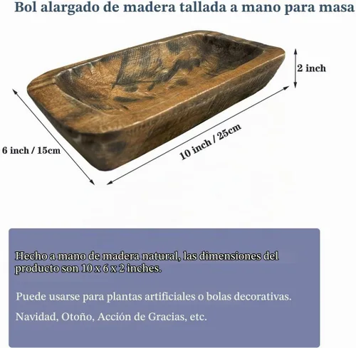Vista 2 de Cuencos de masa de madera decorativos, cuencos largos rústicos para decoración de pan, bandeja de madera, tallados a mano para decoración de centro