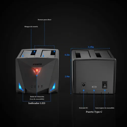 Vista 8 de FIDECO Estación de acoplamiento USB 3.2 Gen 1 a disco duro, base de disco duro para 2.5 o 3.5 pulgadas SATA I/II/III HDD SSD con duplicador de disco