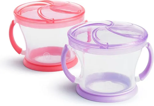 Vista 6 de Munchkin Snack Catcher - Tazas para aperitivos para niños pequeños, sin derrames, paquete de 2, rosa/morado Rosado/Púrpura
